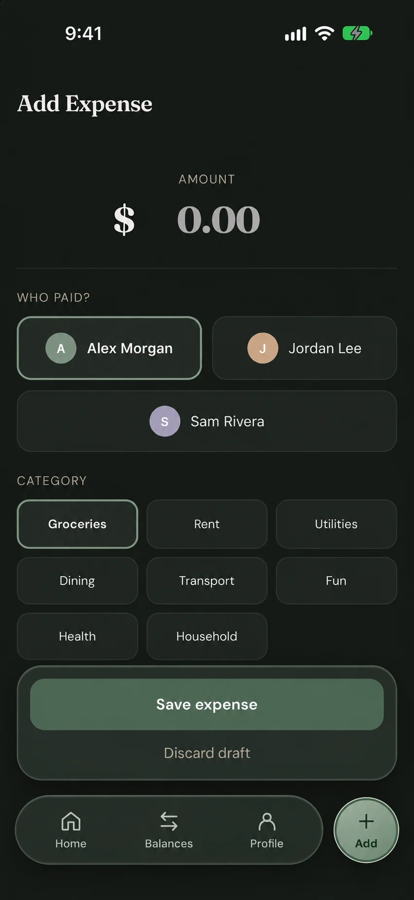 FairTally Add Expense screen with amount, payer, and category controls