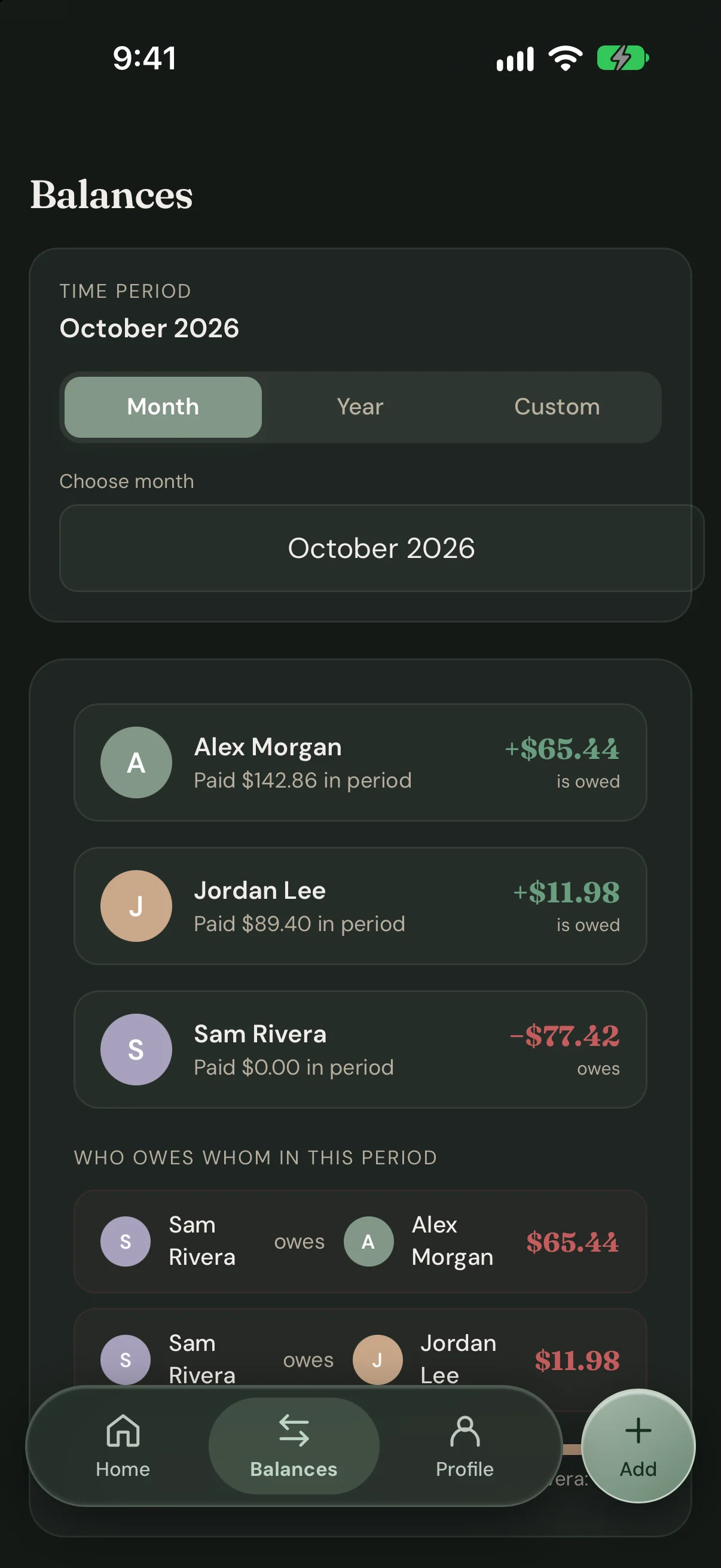 FairTally Balances screen with three household members and who owes whom
