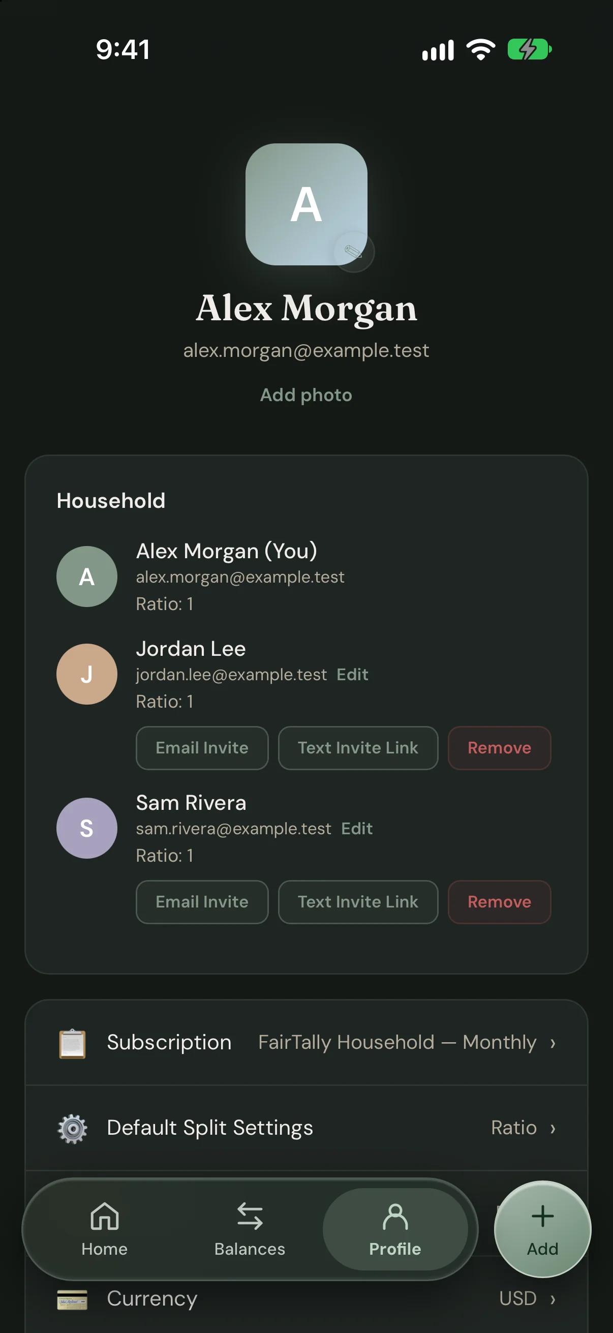 FairTally dark mode household screen showing three members and invitation options