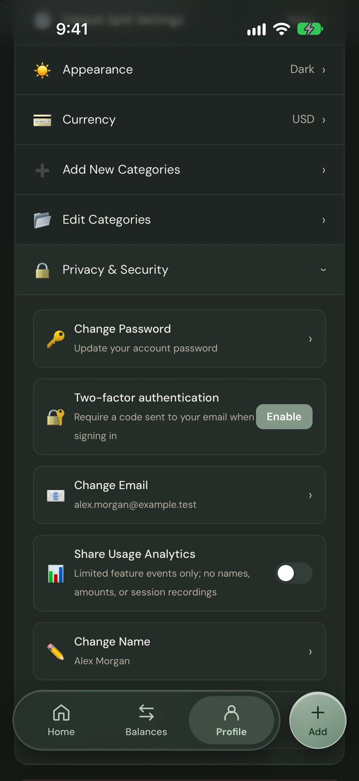FairTally dark mode privacy settings with two-factor authentication and usage analytics controls